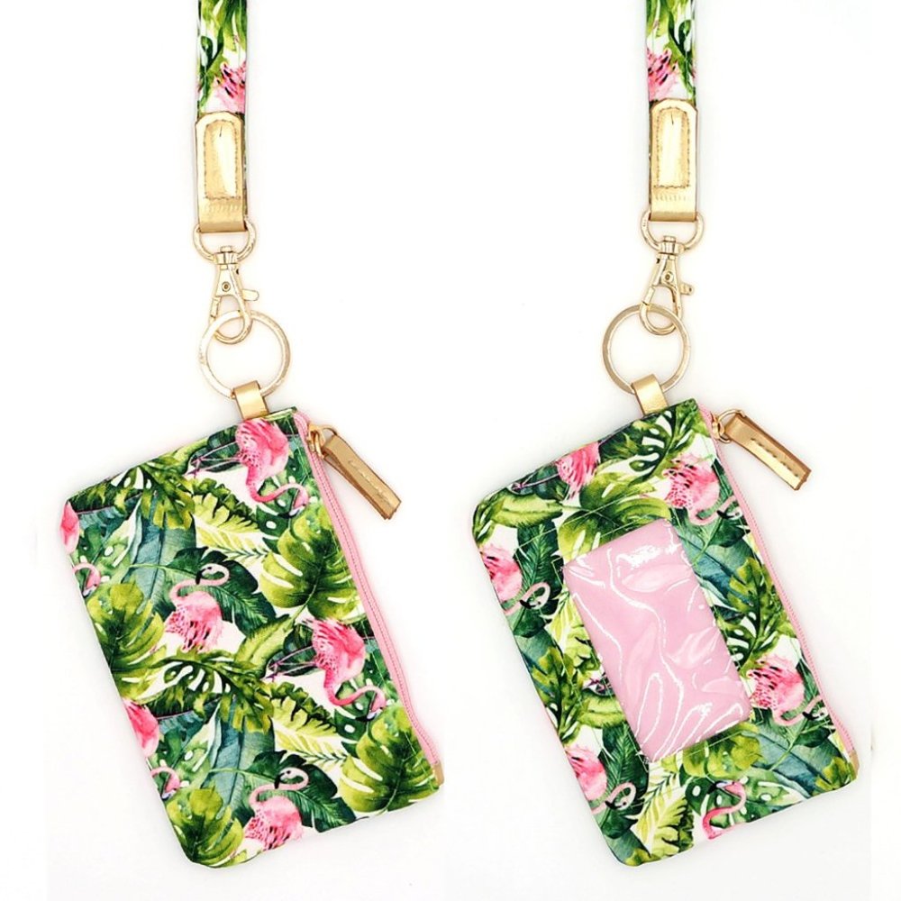 Flamingo And Palm Leaf Print Card / ID Holder Keychain With Lanyard